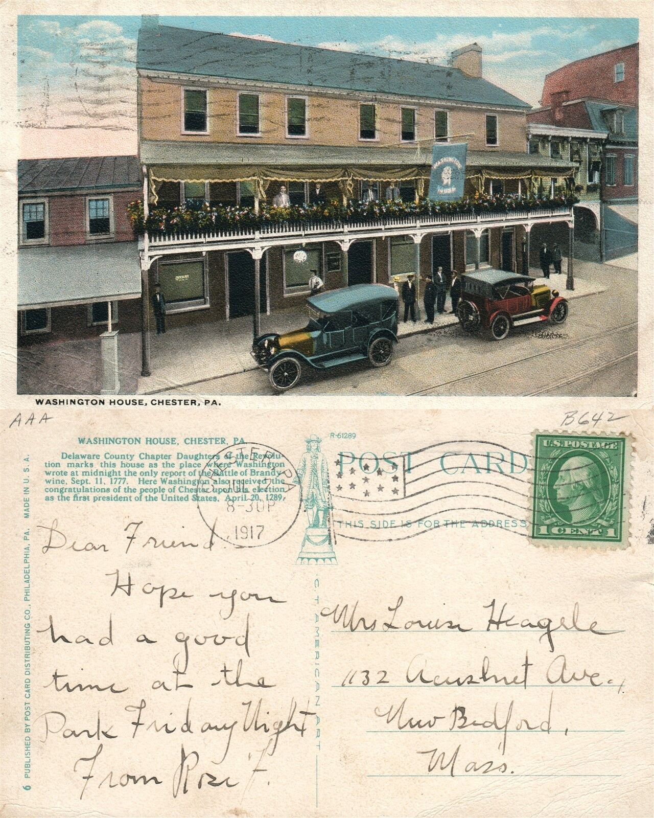 CHESTER PA WASHINGTON HOUSE 1917 ANTIQUE POSTCARD