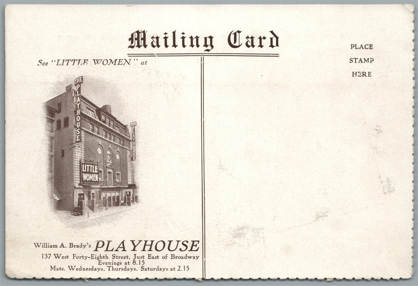 NEW YORK NY WILLIAM A BRADY'S PLAYHOUSE ANTIQUE POSTCARD LITTLE WOMEN SCENE