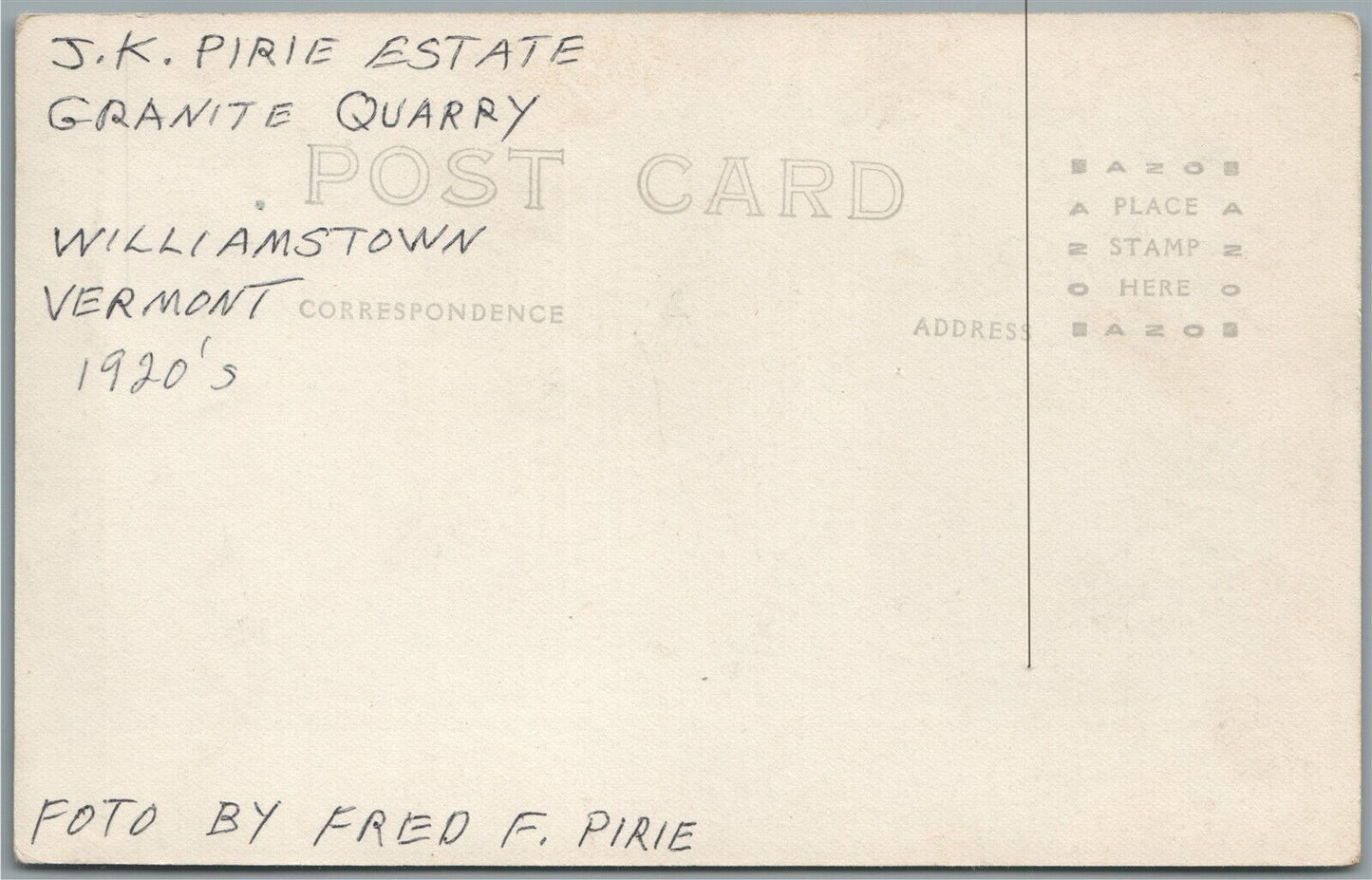 WILLIAMSTOWN VT PIRIE ESTATE GRANITE QUARRY ANTIQUE REAL PHOTO POSTCARD RPPC