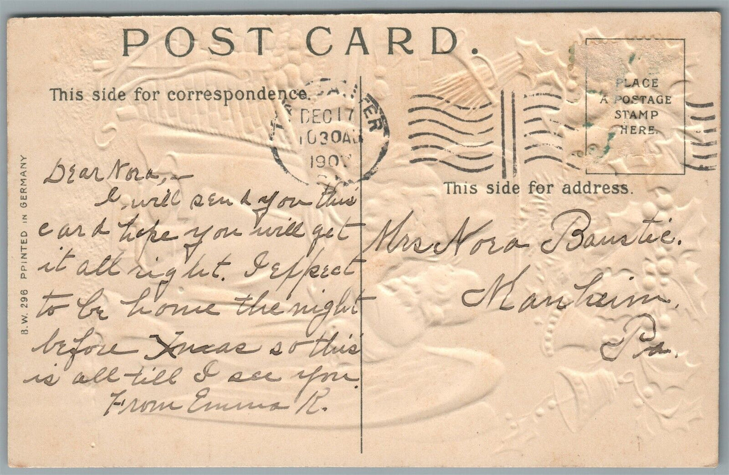 SANTA w/ ANGEL EMBOSSED ANTIQUE CHRISTMAS POSTCARD