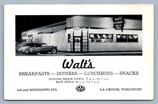 LA CROSSE WI WALT'S RESTAURANT ANDVERTISING VINTAGE POSTCARD
