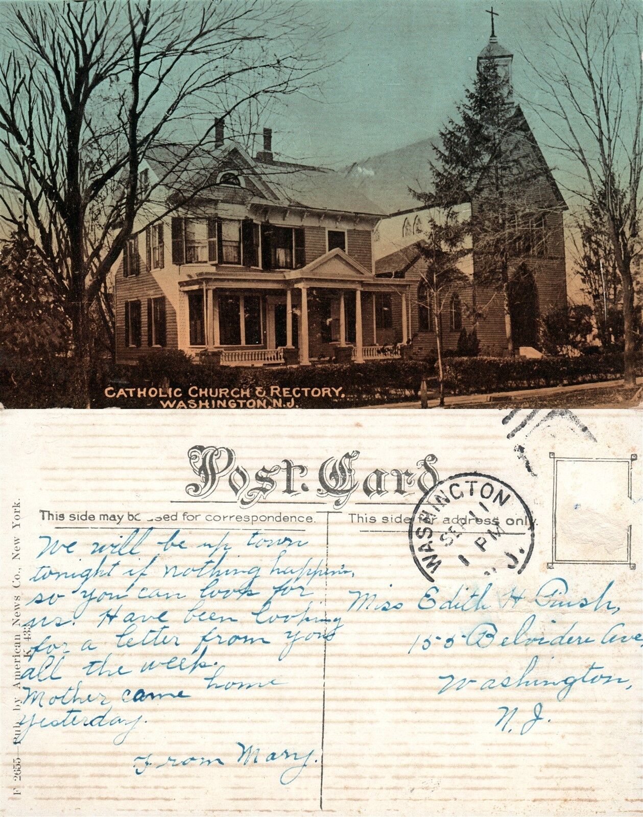 WASHINGTON N.J. CATHOLIC CHURCH ANTIQUE POSTCARD w/ CORK CANCEL