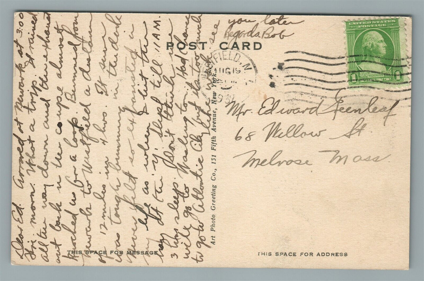 WESTFIELD NJ WINDOWASKIN PARK VINTAGE POSTCARD