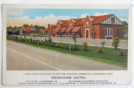 VINTAGE ADVERTISING POSTCARD PENN-DAW HOTEL ALEXANDRIA VA
