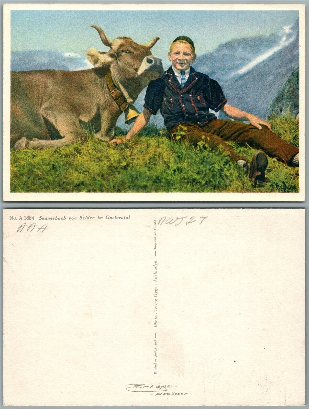 BOY w/ COW ANTIQUE SWISS POSTCARD SENNERBUEB VON SELDEN IM GASTERNFAL