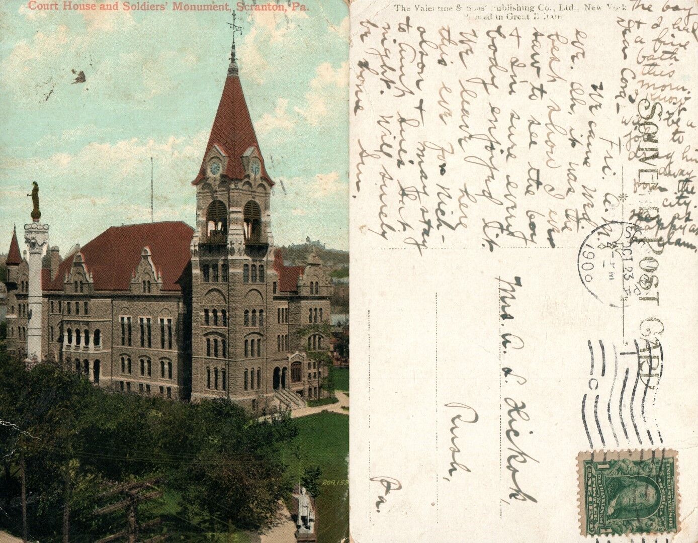 SCRANTON PA COURT HOUSE & SOLDIER'S MONUMENT 1909 ANTIQUE POSTCARD