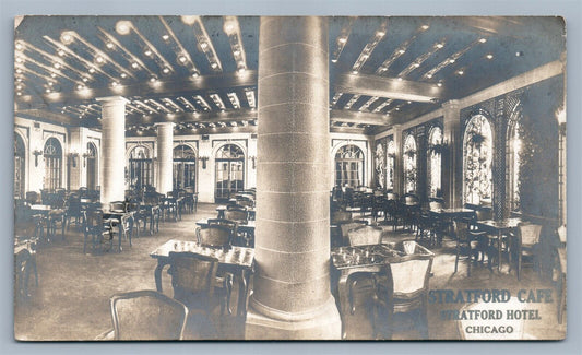 CHICAGO IL STRATFORD HOTEL CAFE INTERIOR ANTIQUE REAL PHOTO POSTCARD RPPC