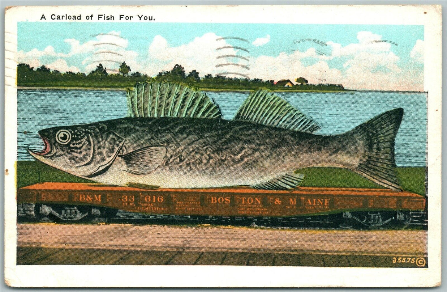 EXAGGERATED FISHING 1934 VINTAGE POSTCARD CARLOAD OF FISH