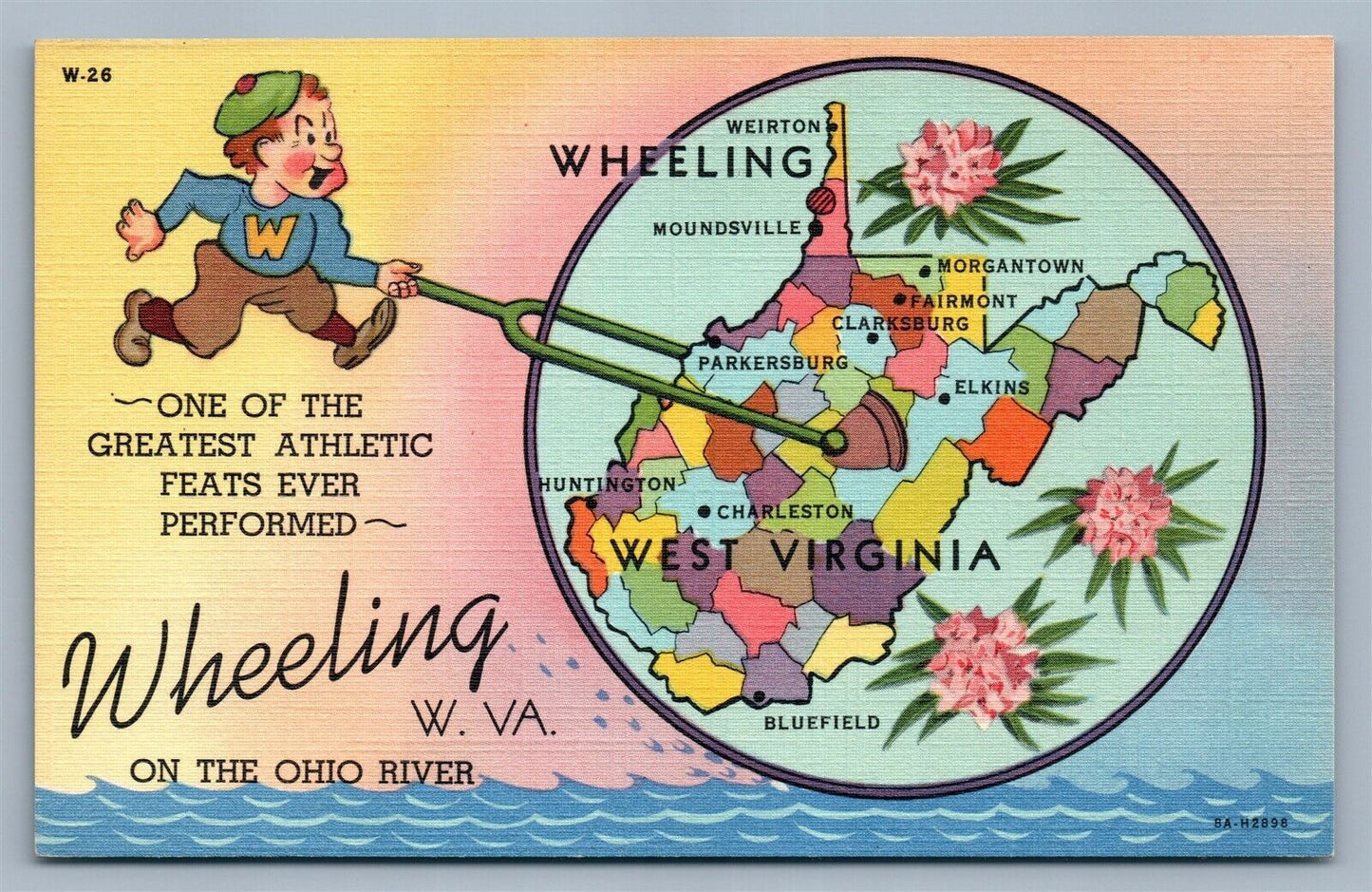 WHEELING W.Va GREAT ATHLETIC FEATS ANTIQUE POSTCARD