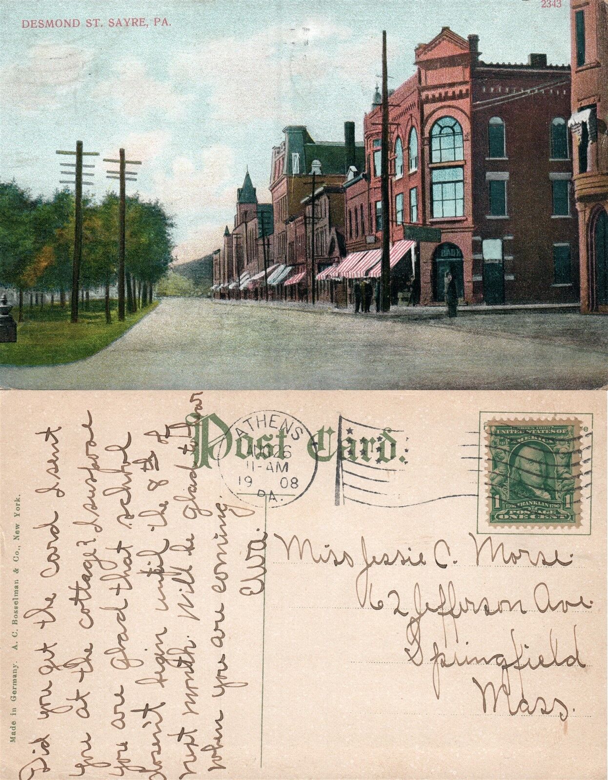 SAYRE PA DESMOND STREET 1908 ANTIQUE POSTCARD