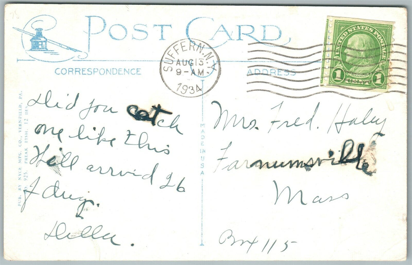 EXAGGERATED FISHING 1934 VINTAGE POSTCARD