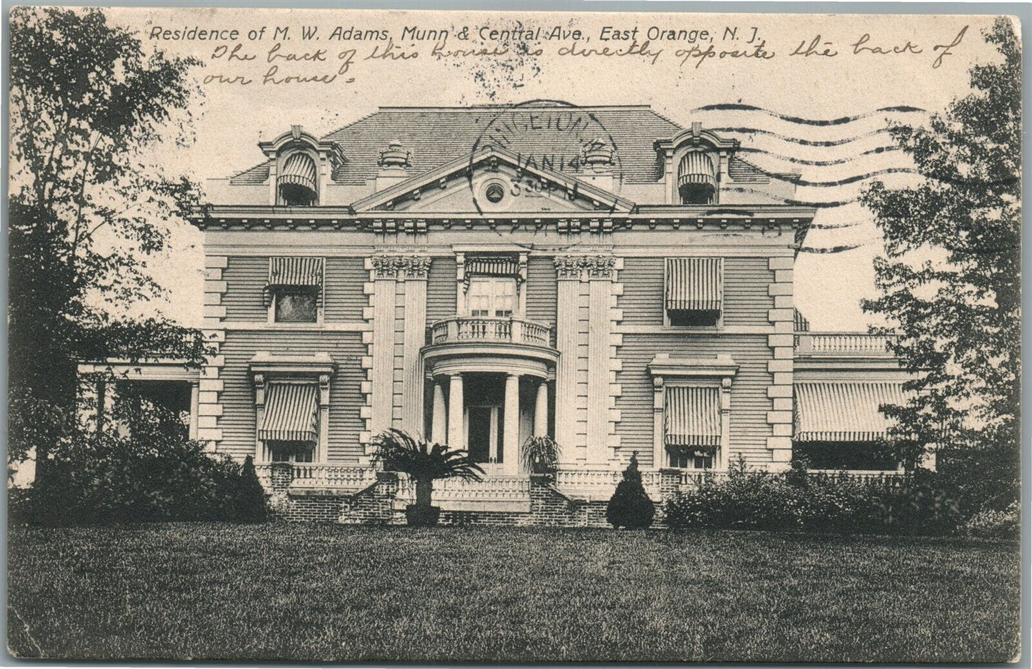 EAST ORANGE NJ RESIDENCE OF M.W. ADAMS ANTIQUE POSTCARD