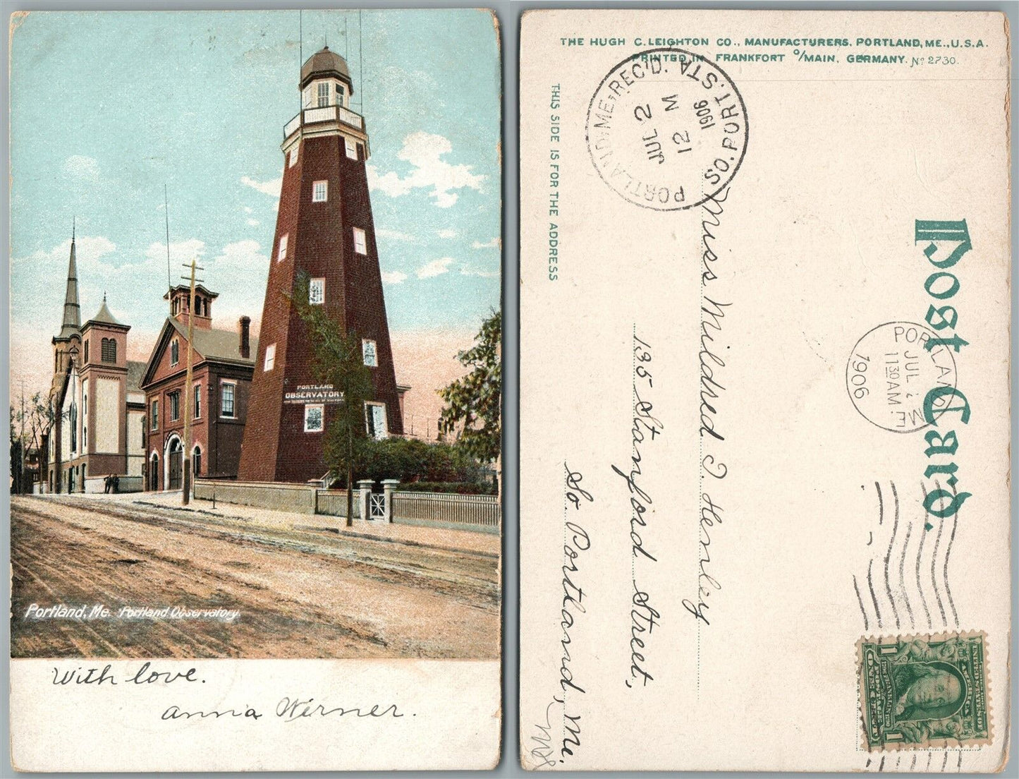 PORTLAND ME OBSERVATORY 1906 UNDIVIDED ANTIQUE POSTCARD