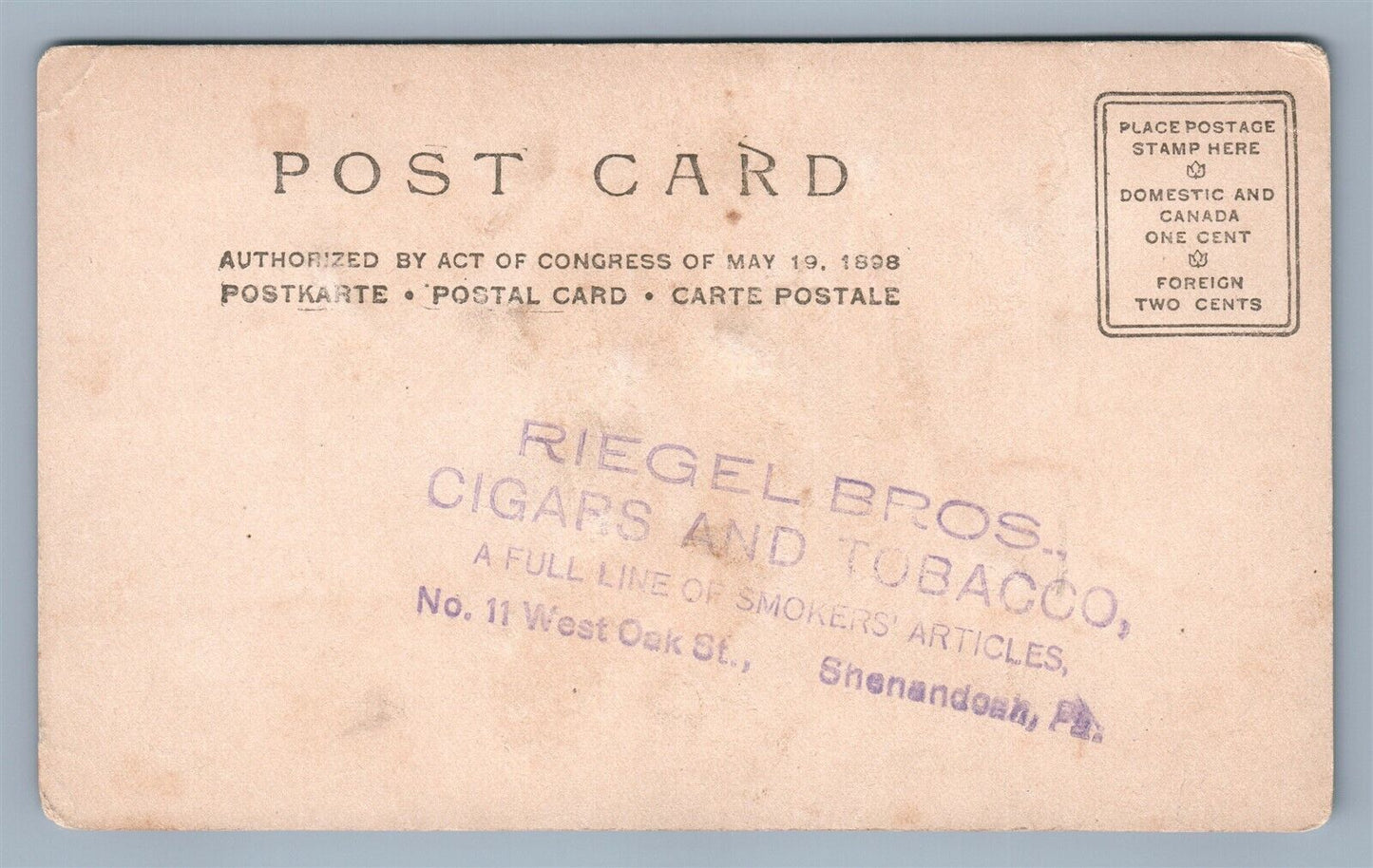 SHENANDOAH PA RIEGEL BROTHERS CIGARS & TOBACCO ADVERTISING 1898 ANTIQUE POSTCARD