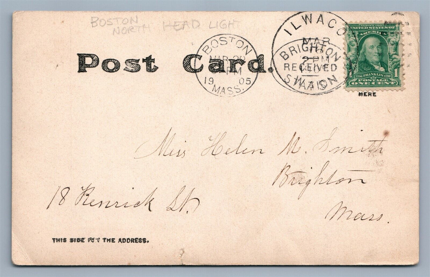 BOSTON MA NORTH HEAD LIGHTHOUSE ANTIQUE 1905 REAL PHOTO POSTCARD RPPC