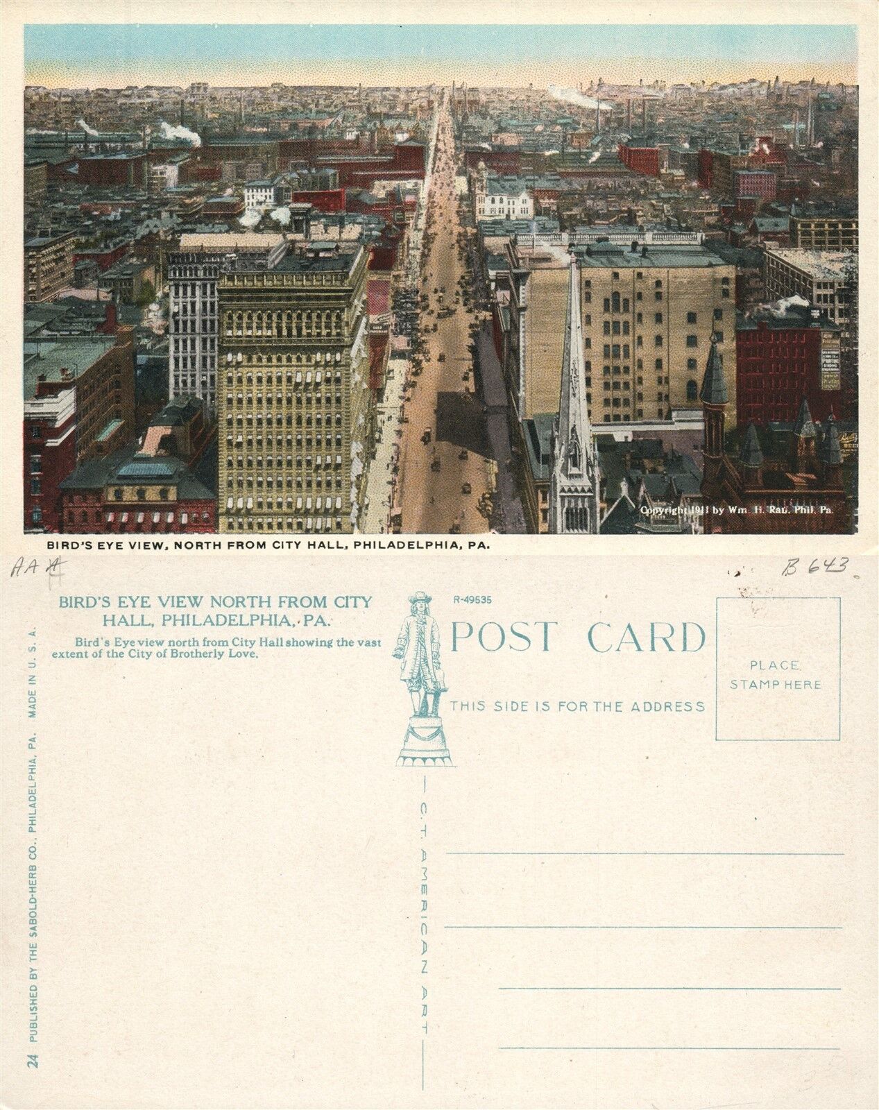 PHILADELPHIA PA BIRD'S EYE VIEW ANTIQUE POSTCARD