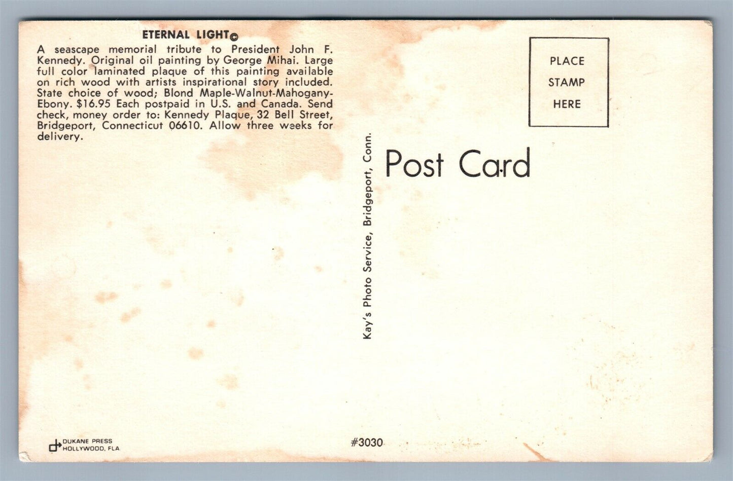 JOHN KENNEDY ETERNAL LIGHT 1963 VINTAGE POSTCARD GEORGE MIHAI PAINTING