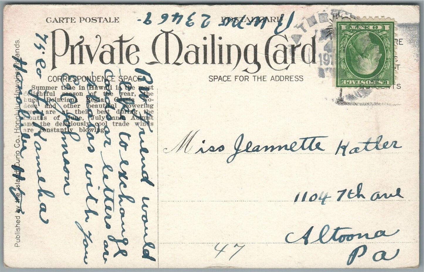 HAWAIIAN ISLANDS NIGHT BLOOMING CEREUS HEDGE ANTIQUE POSTCARD PRIVATE MAILING