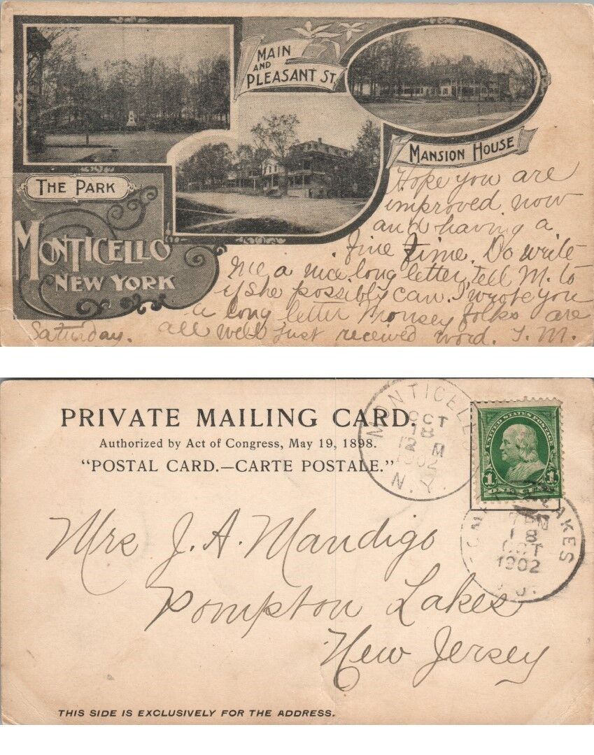 1902 PRIVATE MAILING CARD MONTICELLO N.Y. UNDIVIDED ANTIQUE POSTCARD