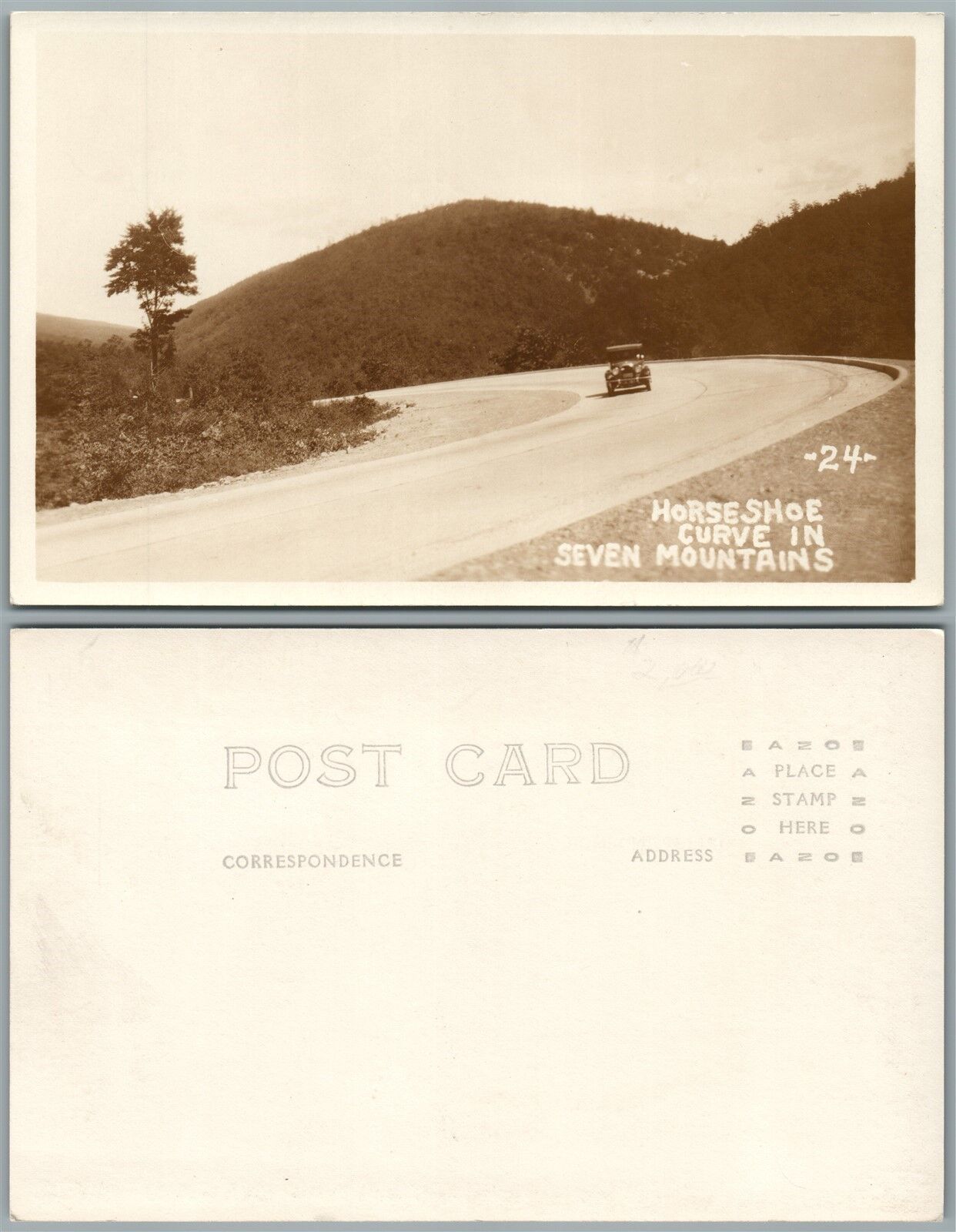 HORSESHOE CURVE IN SEVEN MOUNTAINS ANTIQUE REAL PHOTO POSTCARD RPPC AUTO DRIVING