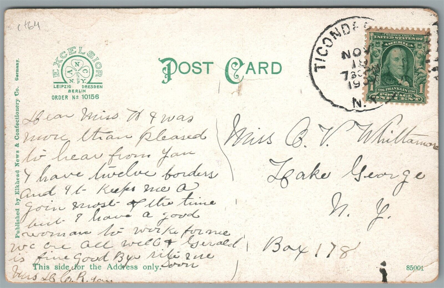 TICONDERAGO NY SOUTH MAIN STREET ANTIQUE POSTCARD