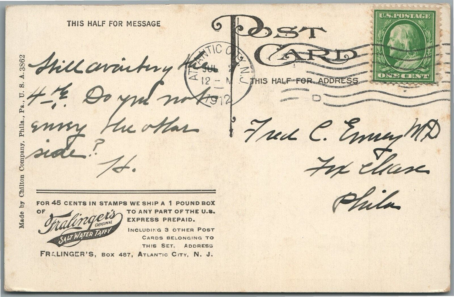 ATLANTIC CITY NJ FRALINGER'S SALT WATER TAFFY CANDY ADVERTISING ANTIQUE POSTCARD