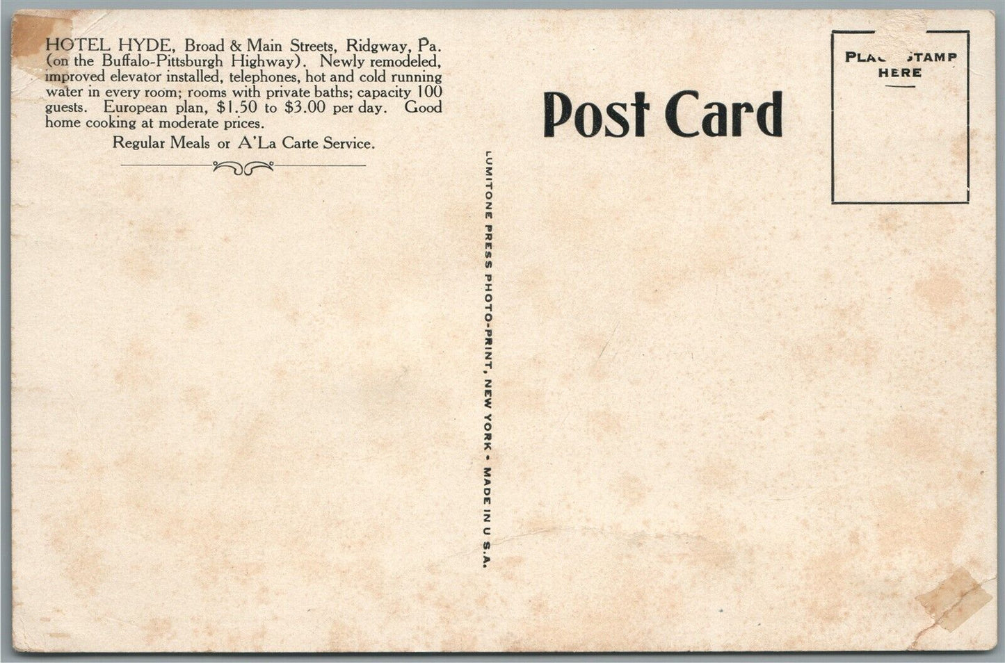 RIDGWAY PA HOTEL HYDE ANTIQUE POSTCARD