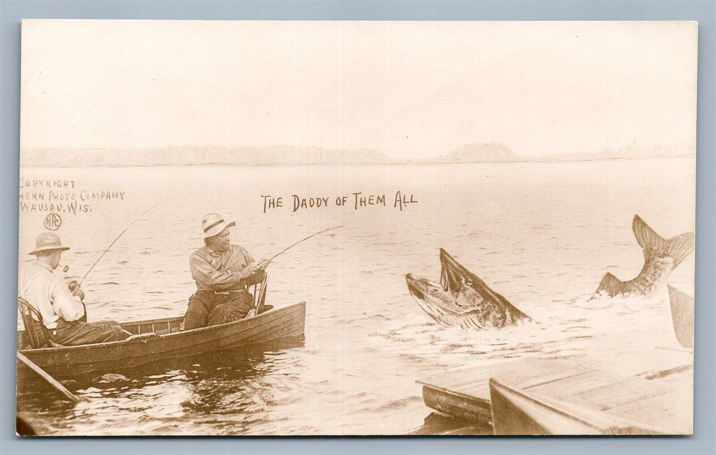 WAUSAU WI EXAGGERATED DADDY FISHING ANTIQUE REAL PHOTO POSTCARD RPPC