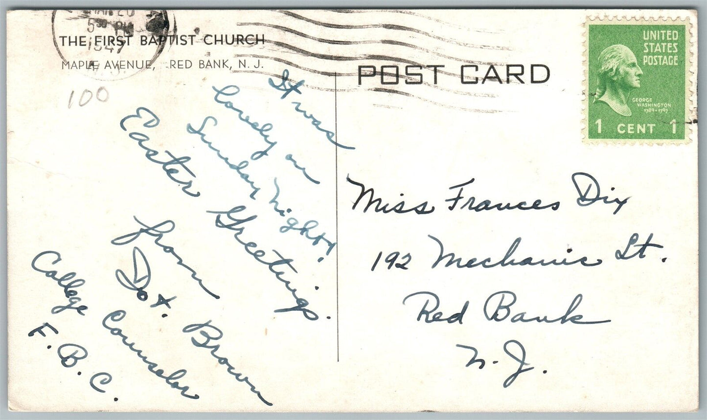 RED BANK NJ FIRST BAPTIST CHURCH MAPLE AVENUE 1947 VINTAGE POSTCARD
