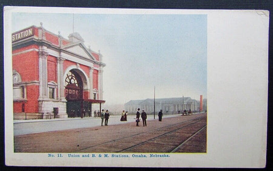 VINTAGE POSTCARD UNION & B. & M. STATIONS OMAHA NEBRASKA train railway railroad