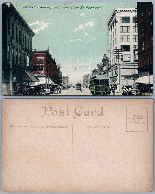 PEORIA IL ADAMS STREET NORTH FROM FULTON ST. ANTIQUE POSTCARD