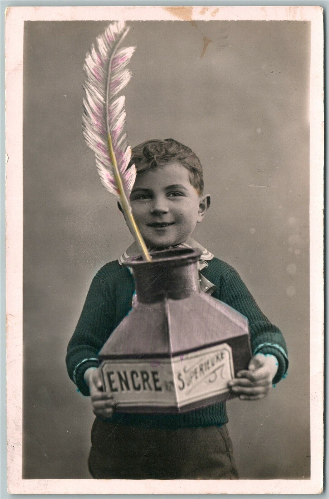BOY w/ INKWELL PHOTOMONTAGE ANTIQUE EXAGGERATED real photo POSTCARD RPPC