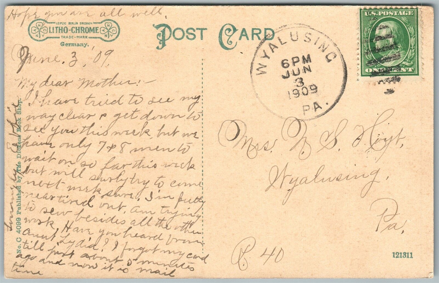 TOWANDA PA WAGON BRIDGE 1909 ANTIQUE POSTCARD