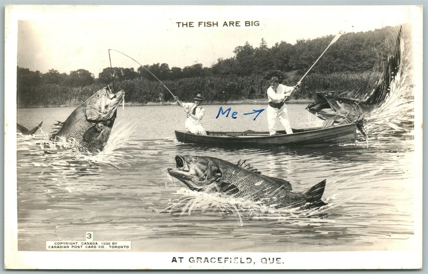 GRACEFIELD QUEBEC CANADA FISHING EXAGGERATED VINTAGE REAL PHOTO POSTCARD RPPC