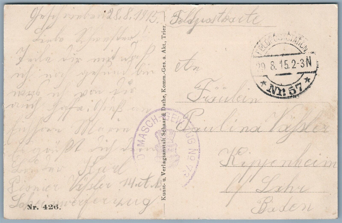 GERMAN WWI FELDPOSTKARTE 1915 ANTIQUE POSTCARD NEUFCHATEL FRANCE