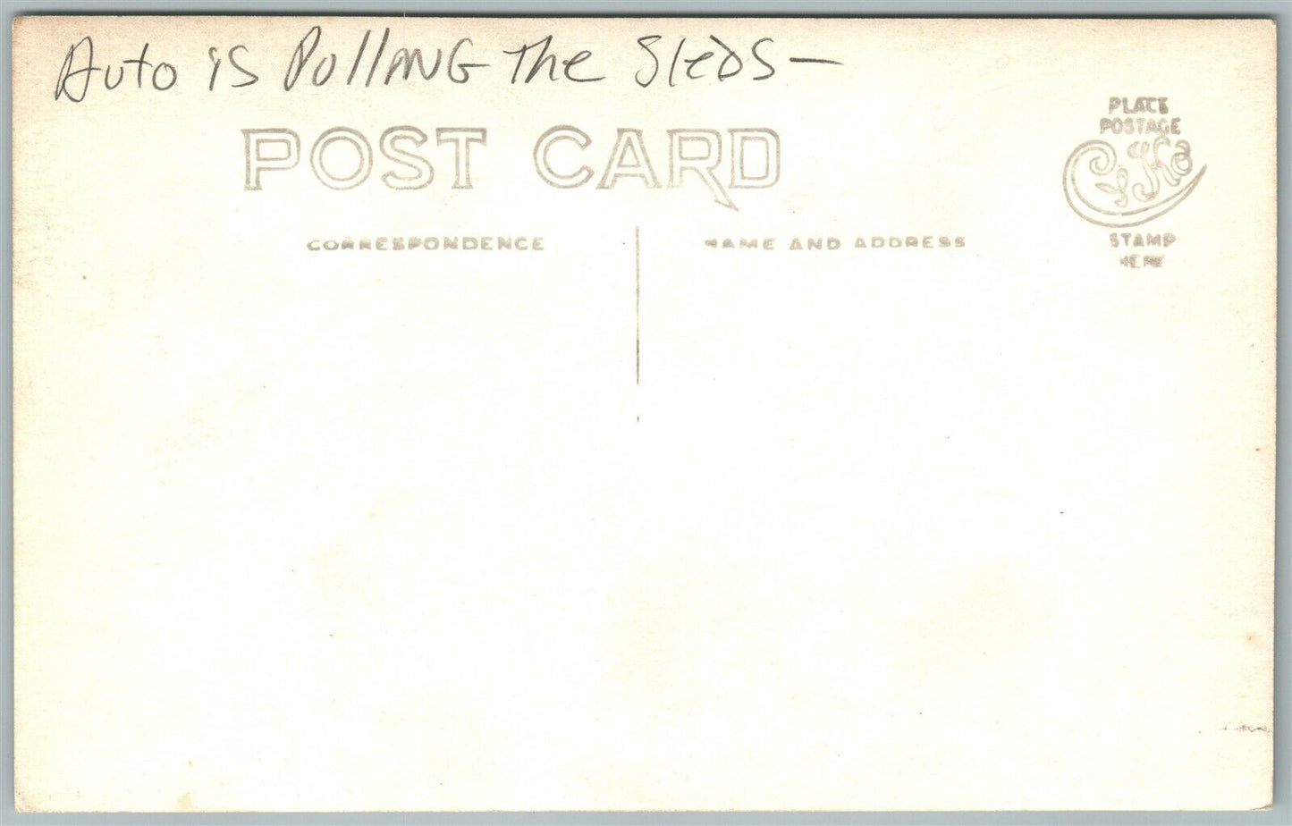 AUTOMOBILE PULLING THE SLEDS in SNOW ANTIQUE REAL PHOTO POSTCARD RPPC
