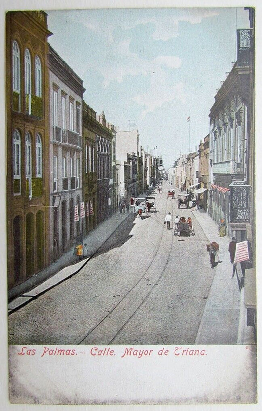 VINTAGE SPANISH POSTCARD LAS PALMAS CALLE MAYOR DE TRIANA STREET SCENE
