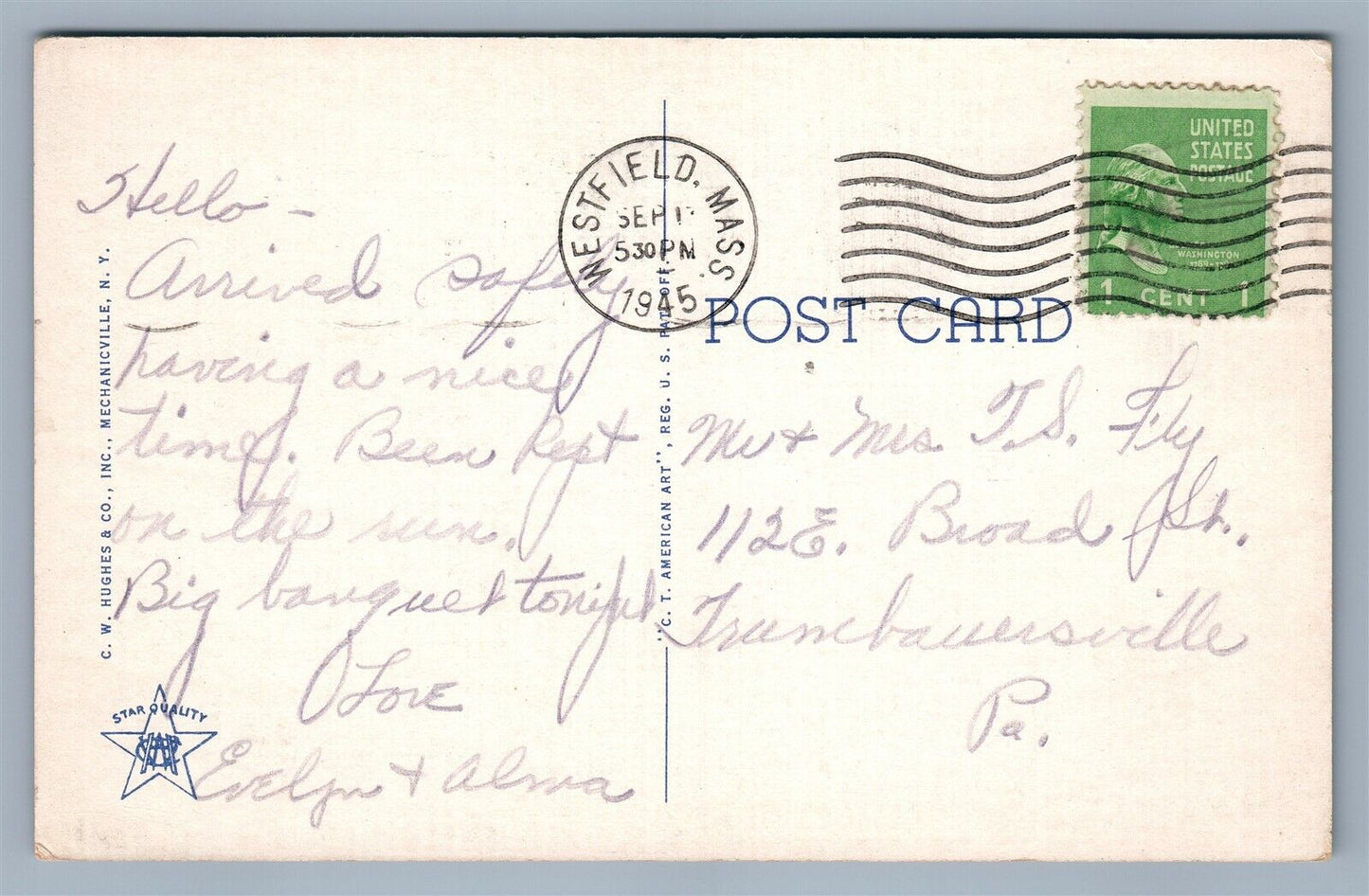 WESTFIELD MA ELM STREET 1945 VINTAGE POSTCARD