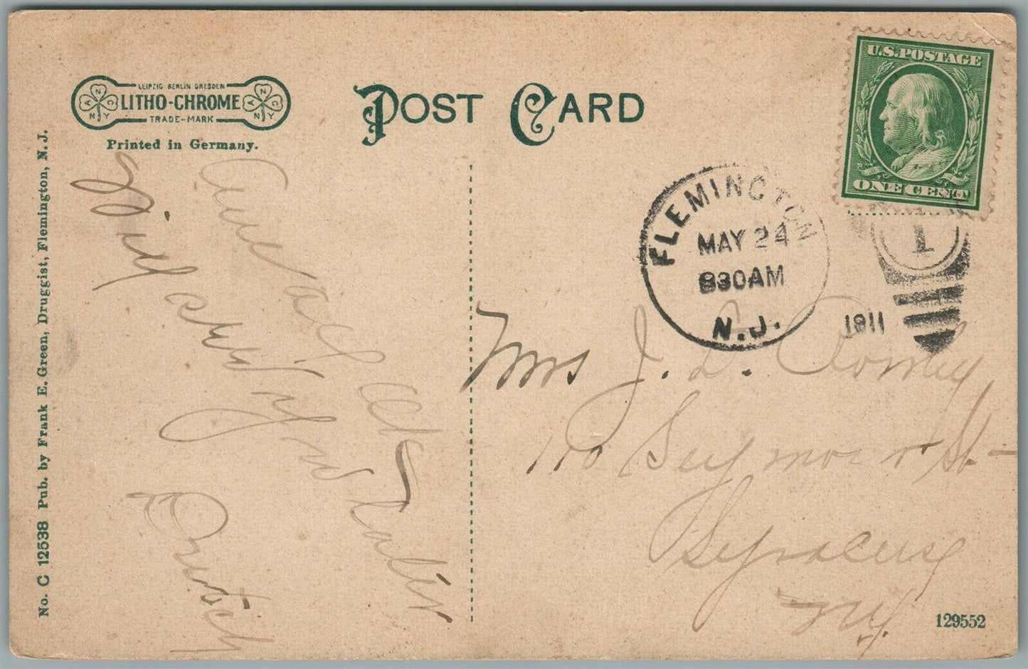 FLEMINGTON NJ MAIN STREET 1911 ANTIQUE POSTCARD