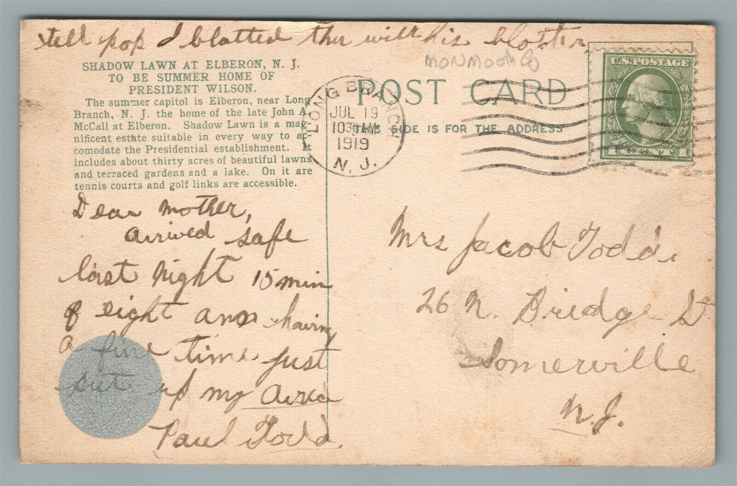 ELBERON NJ GENERAL SUMMER HOME OF PRESIDENT WILSON ANTIQUE POSTCARD