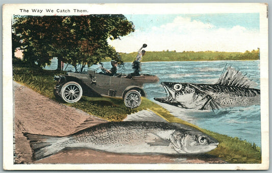 EXAGGERATED FISHING 1922 ANTIQUE POSTCARD THE WAY WE CATCH THEM