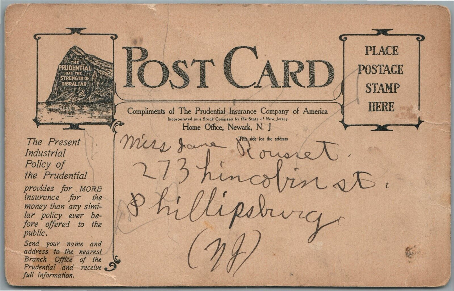 NEWARK NJ PRUDENTIAL INSURANCE CO. ADVERTISING ANTIQUE POSTCARD 1910 CALENDAR