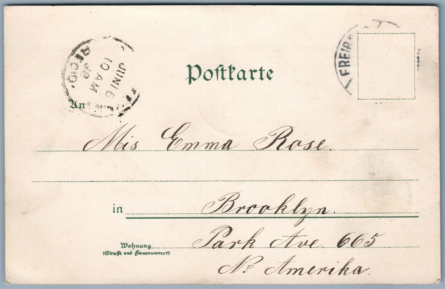 GRUSS AUS FREIBERG GERMANY to BROOKLYN USA UNDIVIDED 1898 ANTIQUE POSTCARD