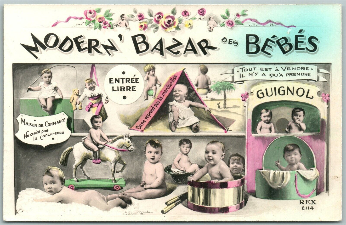MULTIPLE BABIES STORE ANTIQUE POSTCARD