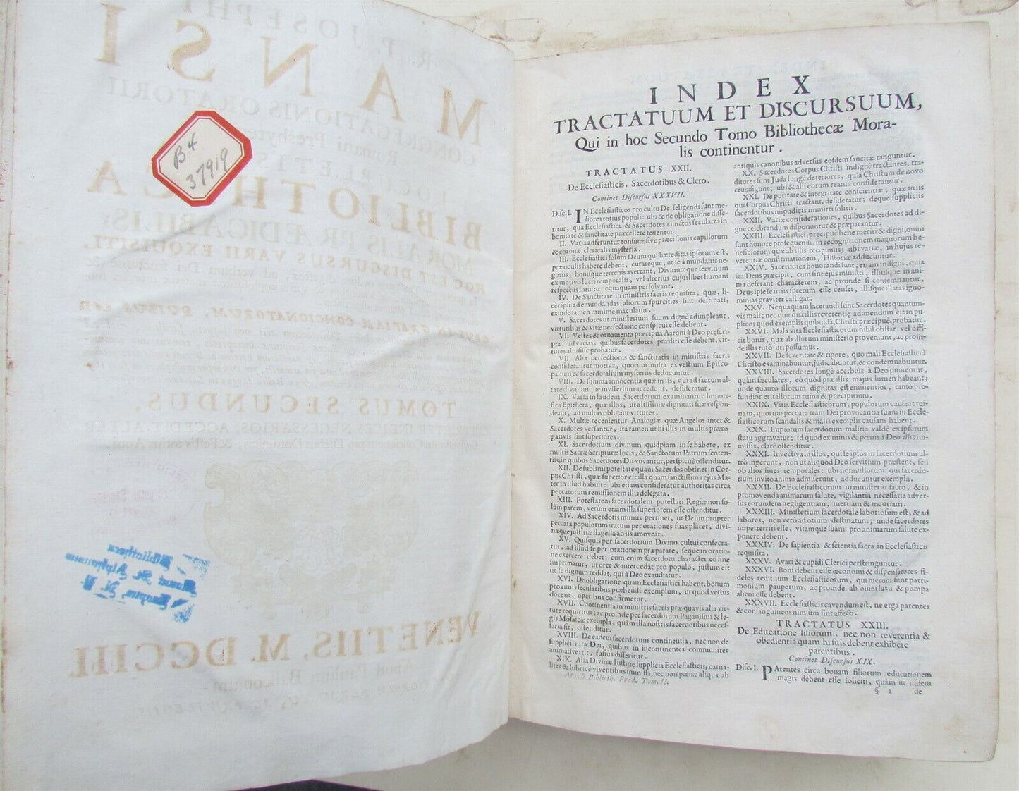 1703 VELLUM BINDING MASSIVE FOLIO Bibliotheca moralis by Josephi Mansi antique