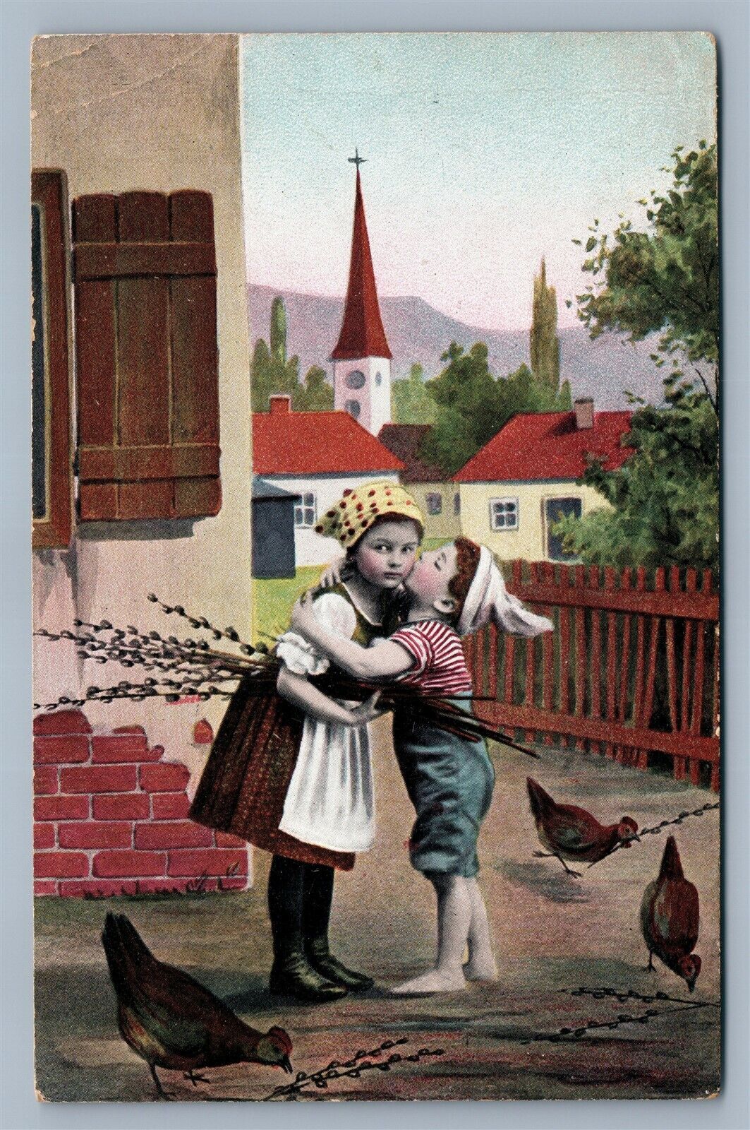 MULTI BABIES COUNTRY SCENE ANTIQUE POSTCARD