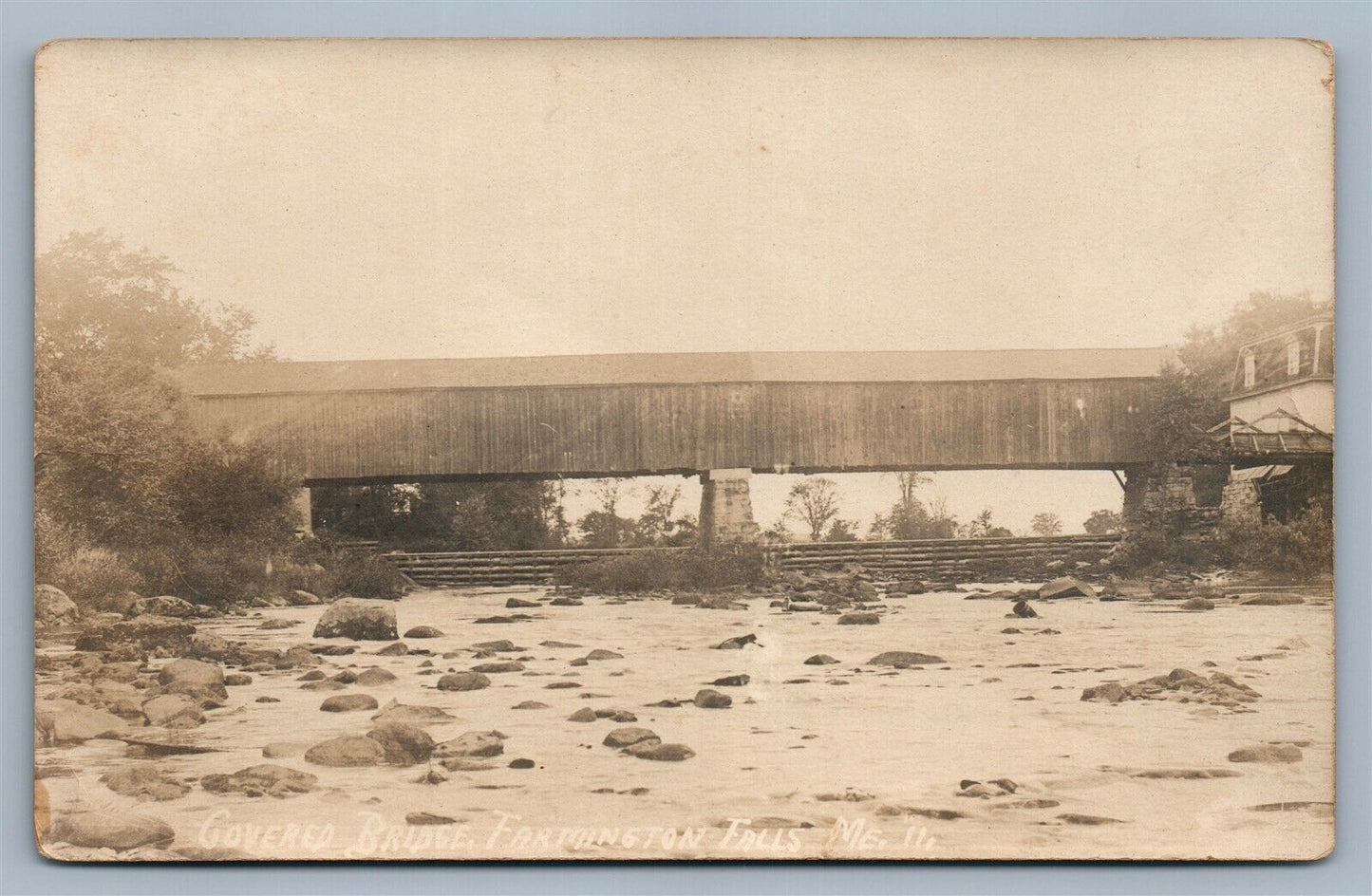 FARMINGTON FALLS ME COVERED BRIDGE ANTIQUE REAL PHOTO POSTCARD RPPC
