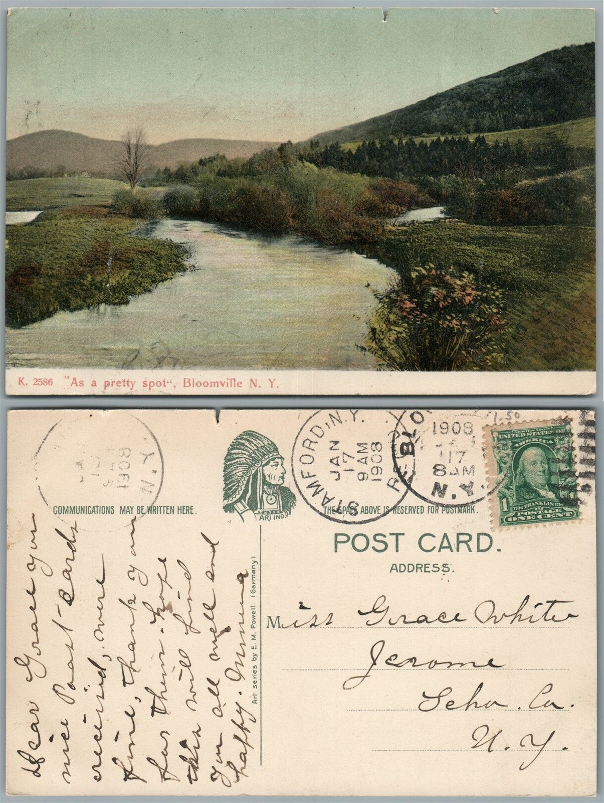BLOOMVILLE N.Y. 1908 ANTIQUE POSTCARD