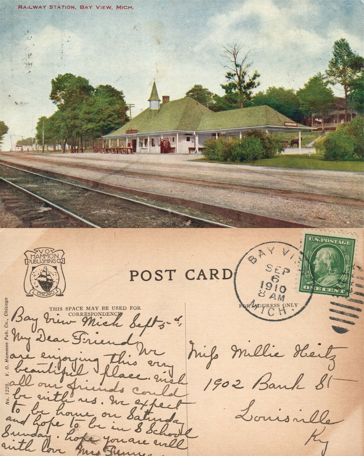 BAY VIEW MI RAILWAY STATION 1909 ANTIQUE POSTCARD RAILROAD DEPOT CORK CANCEL