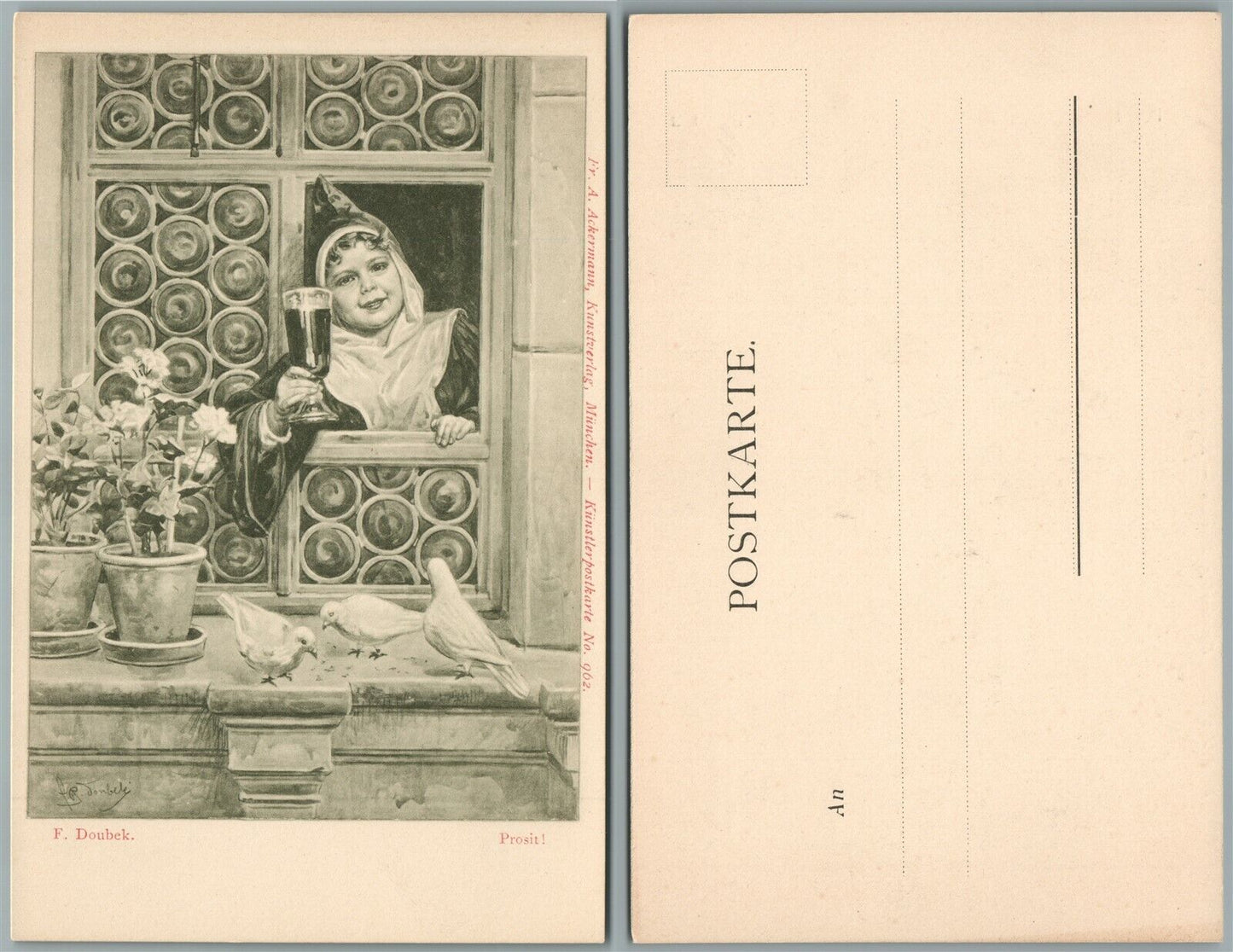 BOY w/ WINE GLASS GERMAN ANTIQUE POSTCARD ARTIST SIGNED F.DOUBEK